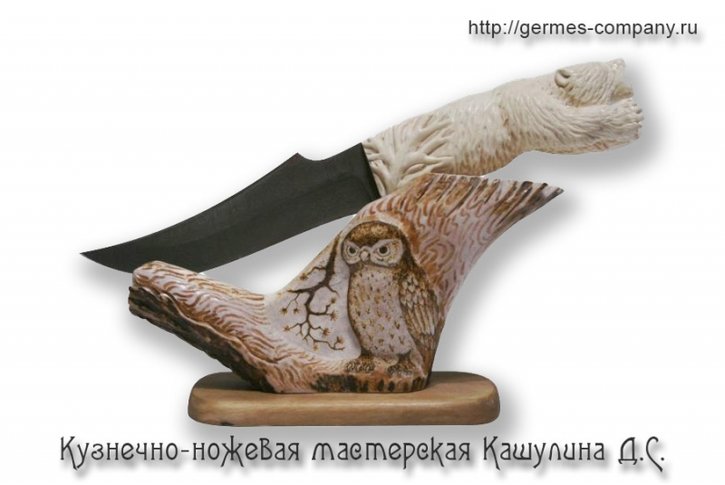 Ножевая композиция на подставке в форме совы и ручкой в форме медведя