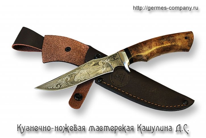 Нож из дамасска Сайга, гравировка